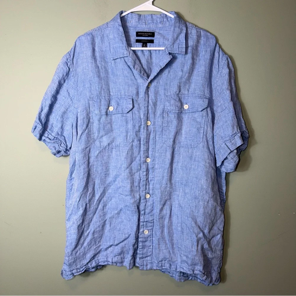 Banana Republic Men’s Short‎ Sleeve 100% Linen Blue XL Tall